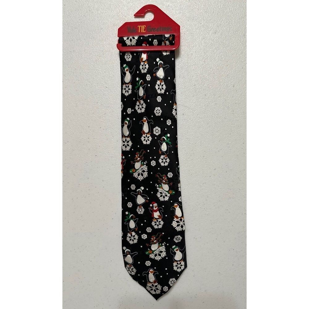 NWT Hallmark Yule Tie Greetings Men's Vintage Winter Snowflakes & Penguins Black